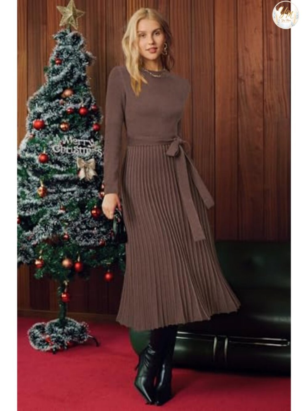 Wool Blend Mock Neck Pleated Sweater Dress Long Sleeve Business Casual - Picture 2 of 6